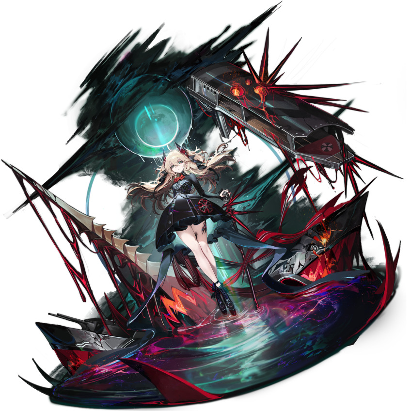 1girl absurdres admiral_hipper_(azur_lane) admiral_hipper_(meta)_(azur_lane) ankle_ribbon artist_request ascot azur_lane black_dress black_footwear black_nails boots cane cannon cross crossed_legs dress floating_hair flower frills full_body gloves green_eyes hair_between_eyes hair_ornament highres holding leg_ribbon long_hair long_sleeves looking_at_viewer machinery nail_polish non-web_source official_alternate_costume official_art parted_lips platform_footwear red_ascot red_flower red_pupils red_rose reflection ribbon ribon rigging ripples rose shoes short_dress solo standing standing_on_liquid sword teeth thighs transparent_background two_side_up water water_orb watson_cross weapon