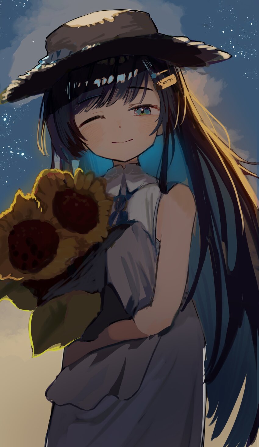 1girl absurdres backlighting black_hair blue_eyes blue_hair blue_ribbon brooch cevio closed_mouth collared_dress colored_inner_hair commentary_request cowboy_shot dress flower futaba_minato hair_ornament hairclip hat highres holding holding_flower jewelry long_hair looking_at_viewer multicolored_hair one_eye_closed outdoors ribbon sabiaji_(gama_ou) single_sidelock sketch sky sleeveless sleeveless_dress smile solo standing star_(sky) starry_sky straw_hat sunflower swept_bangs twilight white_dress
