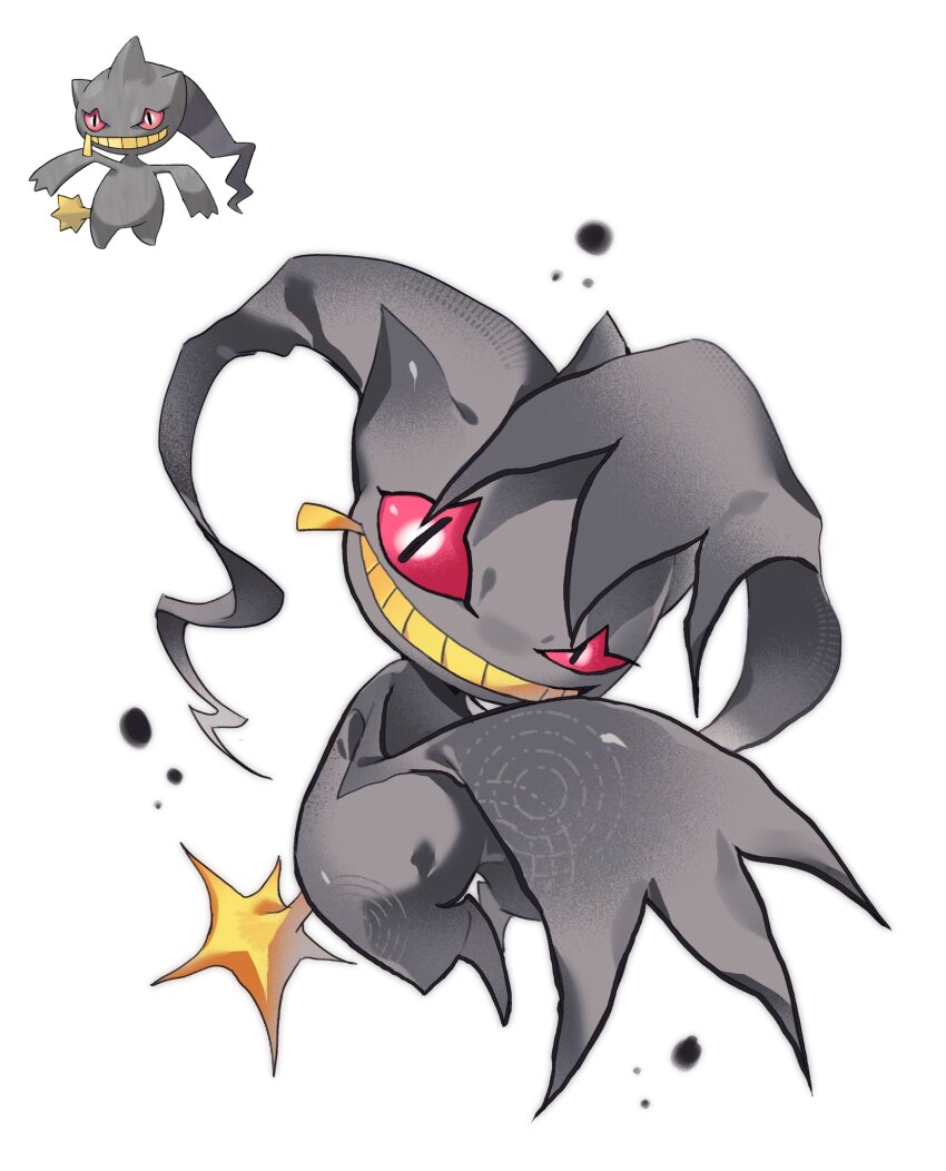 bairizuomeng banette commentary full_body gen_3_pokemon ghost grin highres looking_at_viewer nintendo no_humans pokemon pokemon_(creature) pokemon_focus red_eyes reference_inset simple_background smile solo standing symbol-only_commentary white_background zipper zipper_pull_tab
