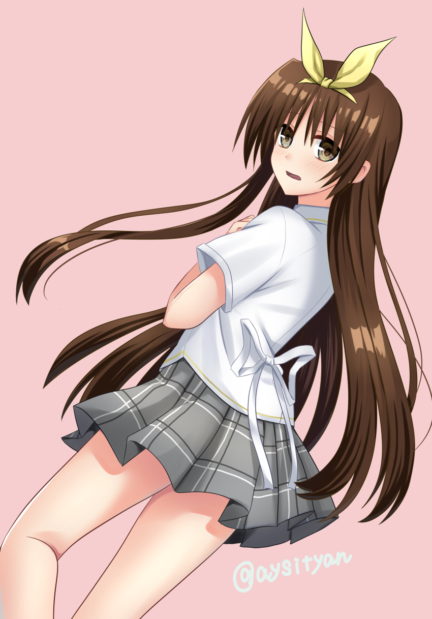 1boy back_bow blush bow brown_eyes brown_hair collared_shirt commentary_request crossdressing crossdressing_(mtf) dutch_angle feet_out_of_frame floating_hair from_behind furrowed_brow grey_skirt hair_bow hand_up highres little_busters! little_busters!_school_uniform long_hair looking_at_viewer looking_back male_focus miniskirt naoe_riki open_mouth pink_background plaid_clothes plaid_skirt pleated_skirt sai_(aysityan) school_uniform shirt short_sleeves shy simple_background skirt solo standing trap twitter_username very_long_hair white_bow white_shirt wig yellow_bow