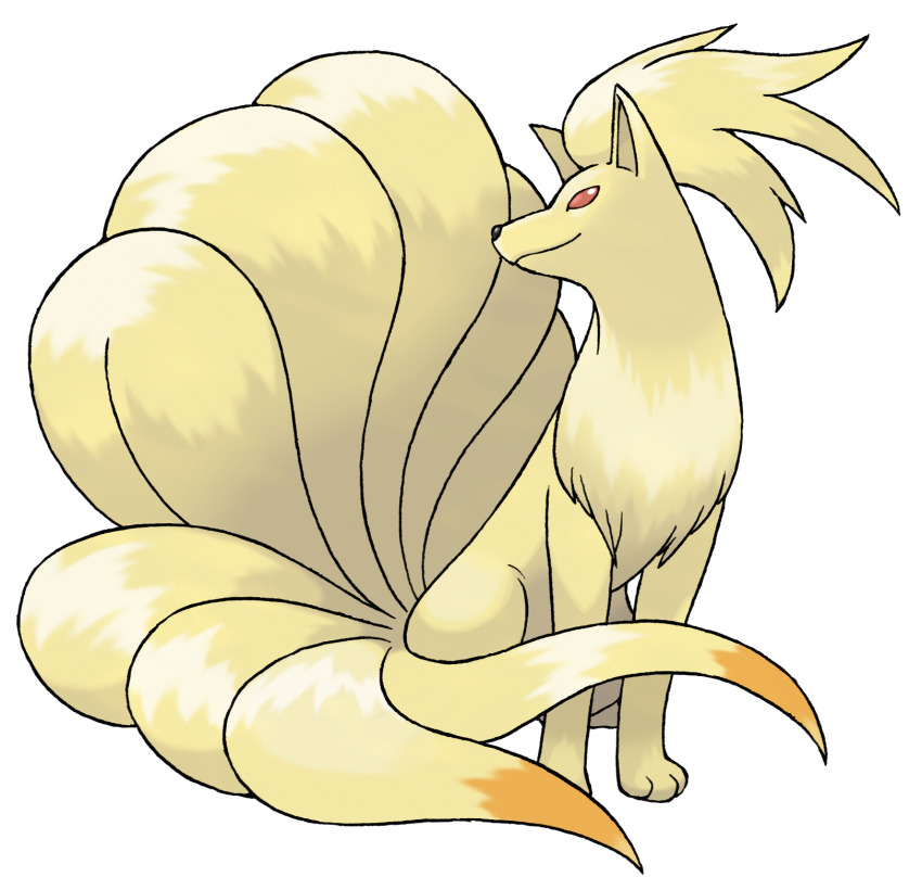animal_focus closed_mouth fox full_body gen_1_pokemon highres multiple_tails ninetales nintendo no_humans official_art pokemon pokemon_(creature) pokemon_focus pokemon_frlg red_eyes smile solo sugimori_ken tail third-party_source transparent_background