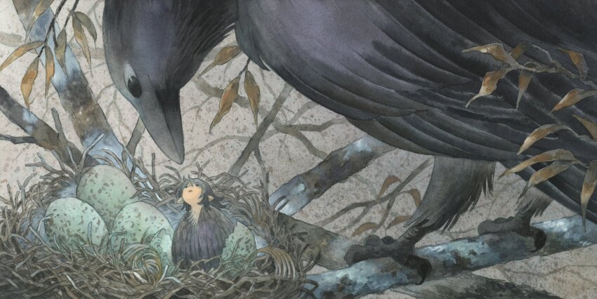 1girl animal beak bird bird_nest bird_wings black_bird black_eyes black_feathers black_hair black_wings broken_egg crow egg eggshell feathers grey_background hatching heikala highres in_nest leaf looking_down looking_up mini_person minigirl nest open_mouth original painting_(medium) pointy_ears standing_on_branch traditional_media tree watercolor_(medium) winged_arms wings