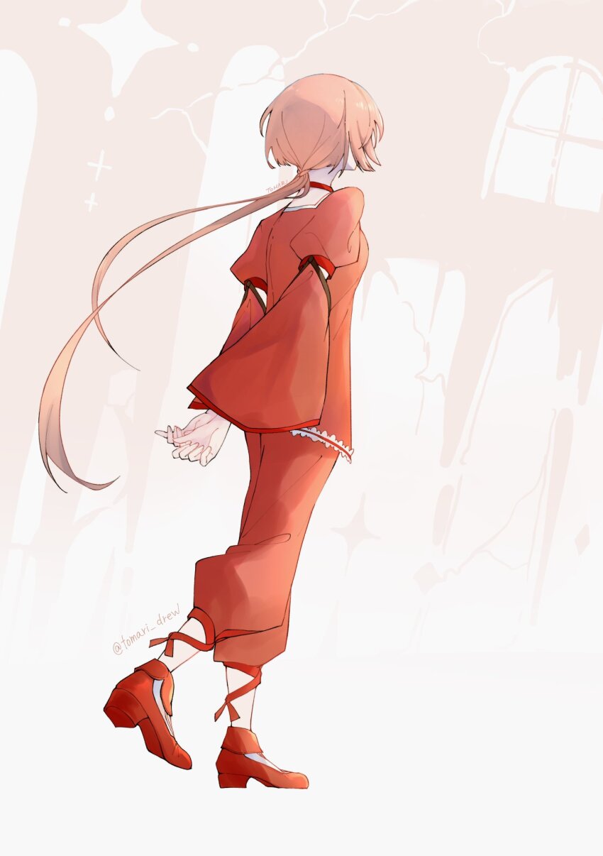 1girl arm_cutout arms_behind_back baggy_pants broken_glass broken_window choker dutch_angle evillious_nendaiki glass highres irina_clockworker leg_ribbon long_hair low_ponytail ma_survival_(vocaloid) nekomura_iroha pants ponytail puffy_sleeves red_choker red_footwear red_pants red_ribbon red_shirt ribbon shirt solo tomari_drew very_long_hair vocaloid walking wide_sleeves window