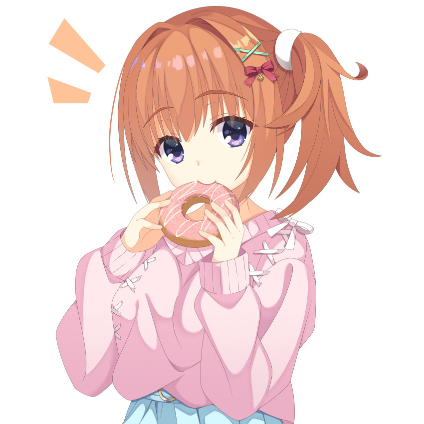 1girl absurdres belt blue_belt blue_skirt cafe_stella_to_shinigami_no_chou donut eating food hair_between_eyes hair_ornament hair_ribbon highres holding holding_food kaon_zz looking_at_viewer medium_hair o-ring o-ring_belt orange_hair pink_sweater purple_eyes red_ribbon ribbon side_ponytail simple_background skirt sleeves_past_wrists solo straight_hair sumizome_nozomi sweater upper_body white_background x_hair_ornament