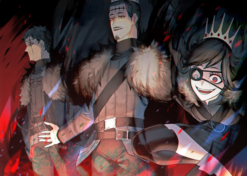 1girl 2boys :d absurdres black_clover black_dress black_hair black_jacket black_thighhighs breasts brother_and_sister brothers cleavage commentary_request crazy_smile crown dante_zogratis dress eyepatch facial_hair frit_2 fur-trimmed_jacket fur_trim goatee grey_eyes highres jacket leaning_forward medium_breasts multiple_boys mustache open_clothes open_jacket open_mouth scar scar_across_eye scar_on_face short_dress short_hair siblings smile spade_(shape) thighhighs vanica_zogratis zenon_zogratis