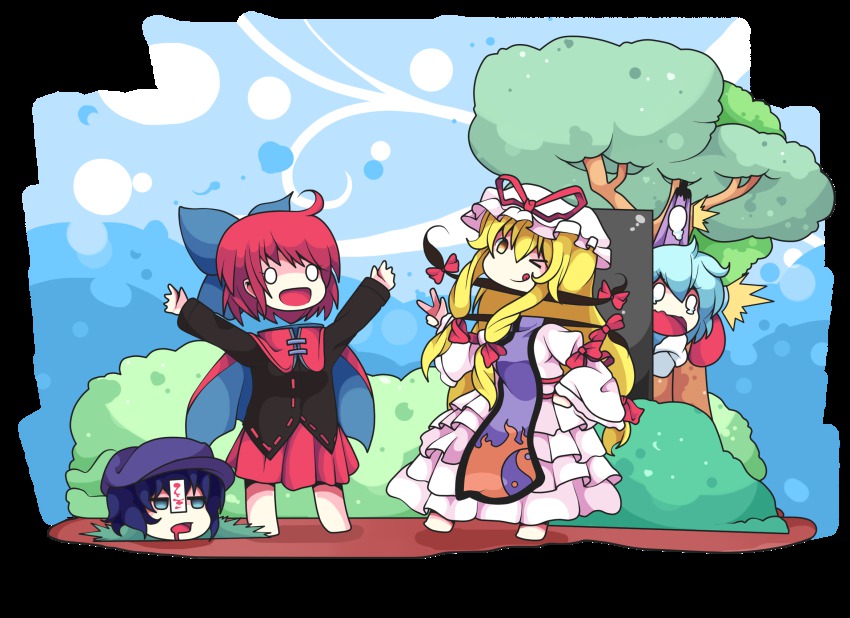 &gt;_o 4girls :d :p :q ^^^ ahoge arms_up barefoot black_shirt blonde_hair blue_hair blue_sky bow buried bush newsboy_cap cape chibi disembodied_head dress empty_eyes flame_print frilled_dress frills gap_(touhou) grass hair_bow hand_on_own_hip hands_up hat hat_ribbon highres irony karakasa_obake long_hair long_sleeves looking_at_another looking_at_viewer miyako_yoshika mob_cap mujib multiple_girls o_o one_eye_closed open_mouth petals puffy_long_sleeves puffy_sleeves red_hair red_skirt ribbon saliva scared sekibanki shirt skirt sky smile solid_circle_eyes standing tabard talisman tatara_kogasa tearing_up tears through_ground tongue tongue_out touhou transparent_background tree umbrella v very_long_hair white_background white_dress wide_sleeves wind yakumo_yukari yellow_eyes yin_yang