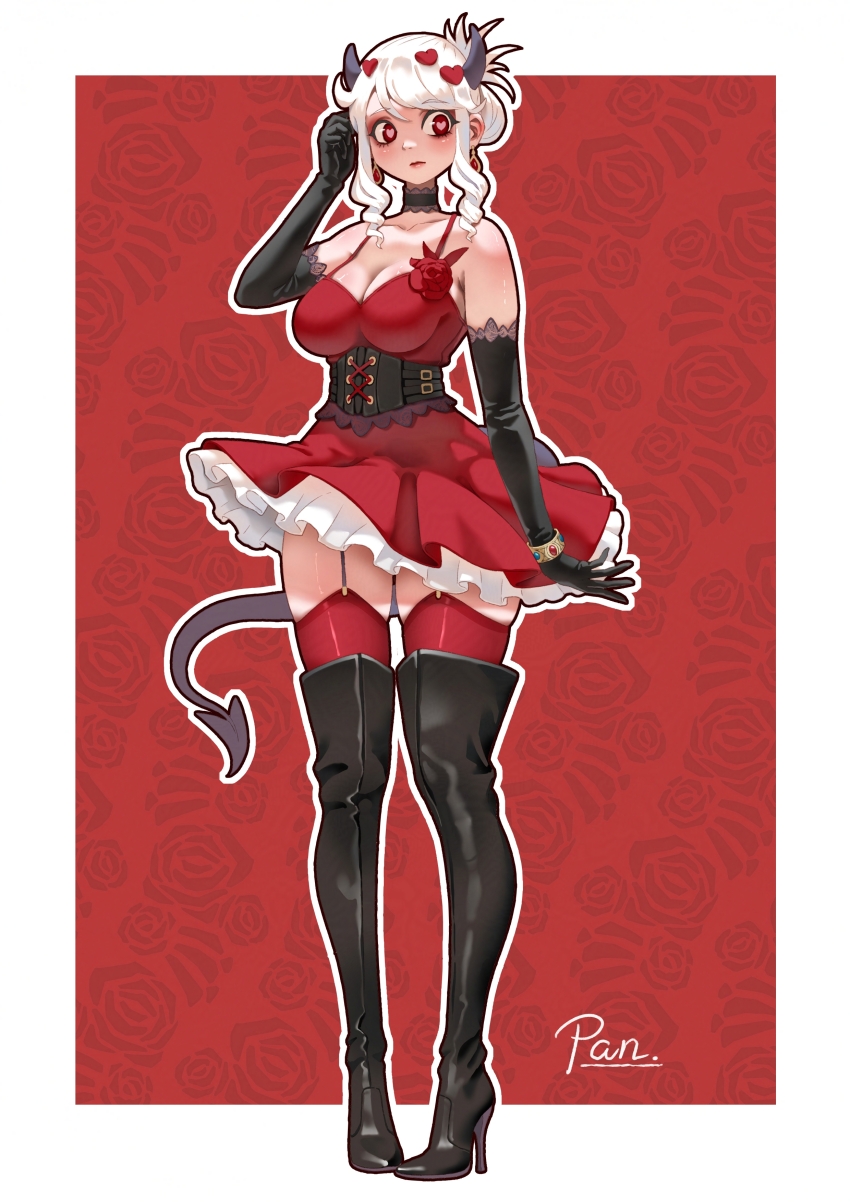 1girl absurdres bare_shoulders black_gloves black_horns boots breasts demon demon_girl demon_horns demon_tail dress gloves heart heart-shaped_pupils helltaker high_heel_boots high_heels highres horns looking_to_the_side modeus_(helltaker) pandawei red_background red_dress red_eyes red_thighhighs standing stiletto_boots stiletto_heels symbol-shaped_pupils tail thighhighs thighs white_hair