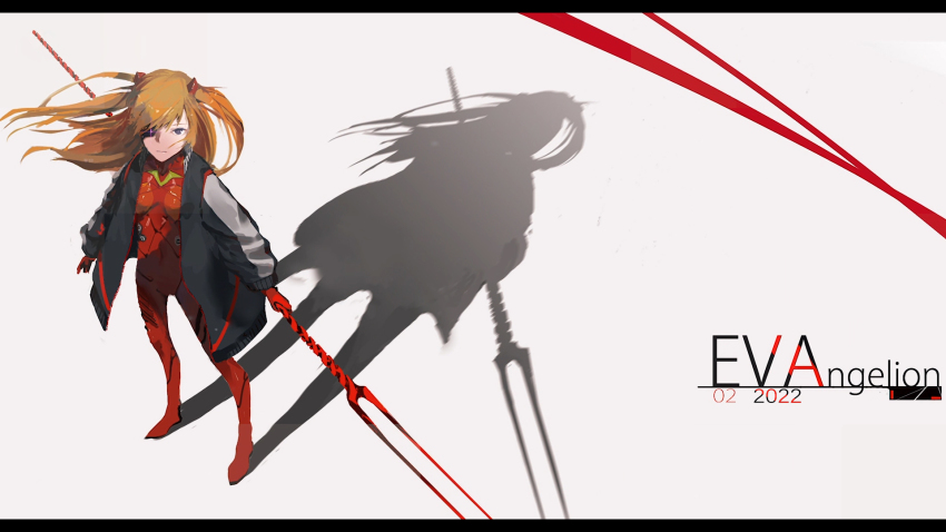 1girl 2022 bident bodysuit brown_hair copyright_name eyepatch from_above genesis highres holding holding_weapon interface_headset_(evangelion) jacket lance lance_of_longinus_(evangelion) letterboxed long_hair mecha_pilot_suit neon neon_genesis_evangelion non-web_source plugsuit_(evangelion) polearm rebuild_of_evangelion red_bodysuit self-upload solo souryuu_asuka_langley standing very_long_hair weapon wide_hips