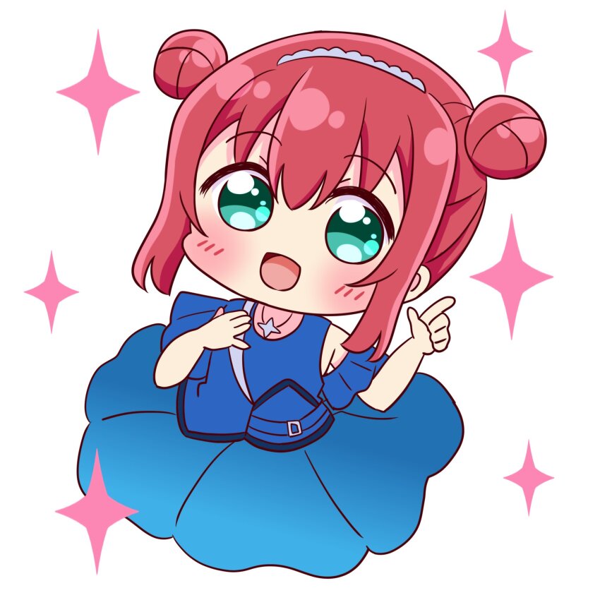1girl :d aqua_eyes blue_shirt blue_skirt blush commentary_request double_bun eikyuu_hours hair_bun highres jewelry kurosawa_ruby looking_at_viewer love_live! love_live!_sunshine!! necklace official_alternate_costume official_alternate_hairstyle open_mouth red_hair shirt short_hair sidelocks skirt skirt_set smile solo sparkle star_(symbol) star_necklace suppii