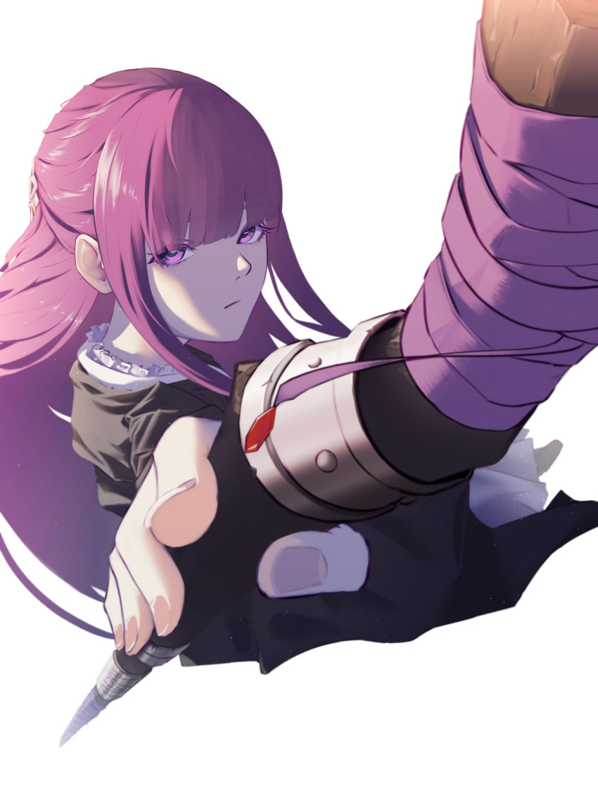 1girl absurdres arm_up black_coat blunt_bangs closed_mouth coat collared_dress commentary dress english_commentary expressionless eyelashes fern_(sousou_no_frieren) fingernails foreshortening from_above half_updo haruxia highres holding holding_staff light_particles long_dress long_hair long_sleeves looking_at_viewer looking_up mage_staff purple_eyes purple_hair serious simple_background solo sousou_no_frieren staff standing very_long_hair white_background white_dress
