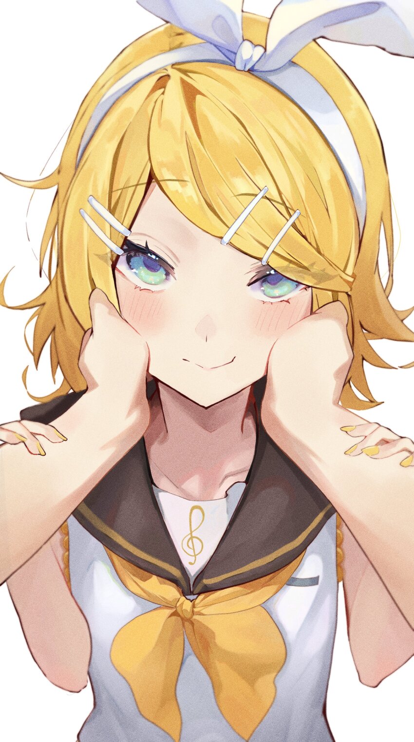 1girl absurdres aqua_eyes arm_grab bare_arms bare_shoulders black_sailor_collar blonde_hair blush bow bow_hairband cheek_squash collarbone flat_chest hair_bow hairband hands_on_another&#039;s_cheeks hands_on_another&#039;s_face highres inubangarou kagamine_rin looking_at_viewer neckerchief pov pov_hands sailor_collar shirt skinny sleeveless sleeveless_shirt smile solo swept_bangs treble_clef vocaloid wavy_mouth white_bow white_hairband yellow_nails yellow_neckerchief