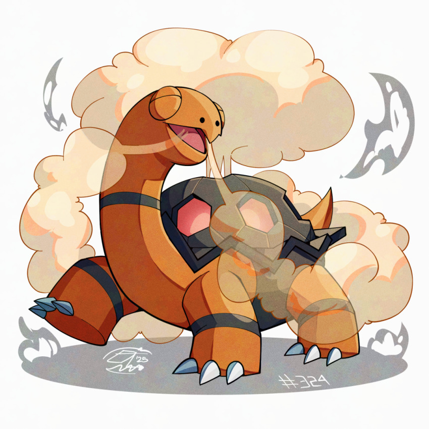 claws closed_eyes full_body gen_3_pokemon mistray-art nintendo numbered open_mouth pokemon pokemon_(creature) signature smoke solo torkoal tortoise turtle