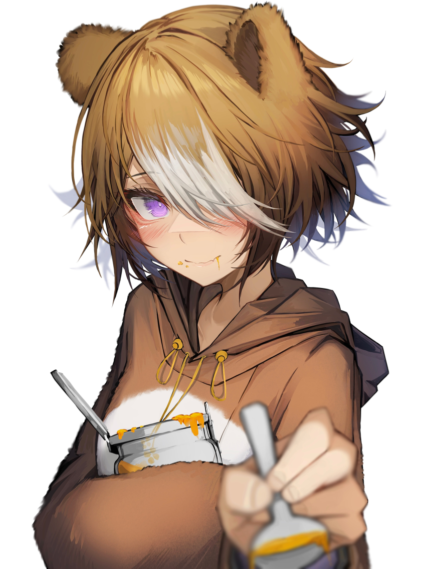 1girl absurdres animal_ears arknights bear_ears beehunter_(arknights) beehunter_(honey_pilferer)_(arknights) blush brown_hair brown_pajamas food food_on_face hair_over_one_eye highres holding holding_spoon honey hood hood_down hooded_pajamas incoming_food looking_at_viewer official_alternate_costume onesie pajamas purple_eyes short_hair simple_background smile solo spoon tab_head upper_body white_background white_hair