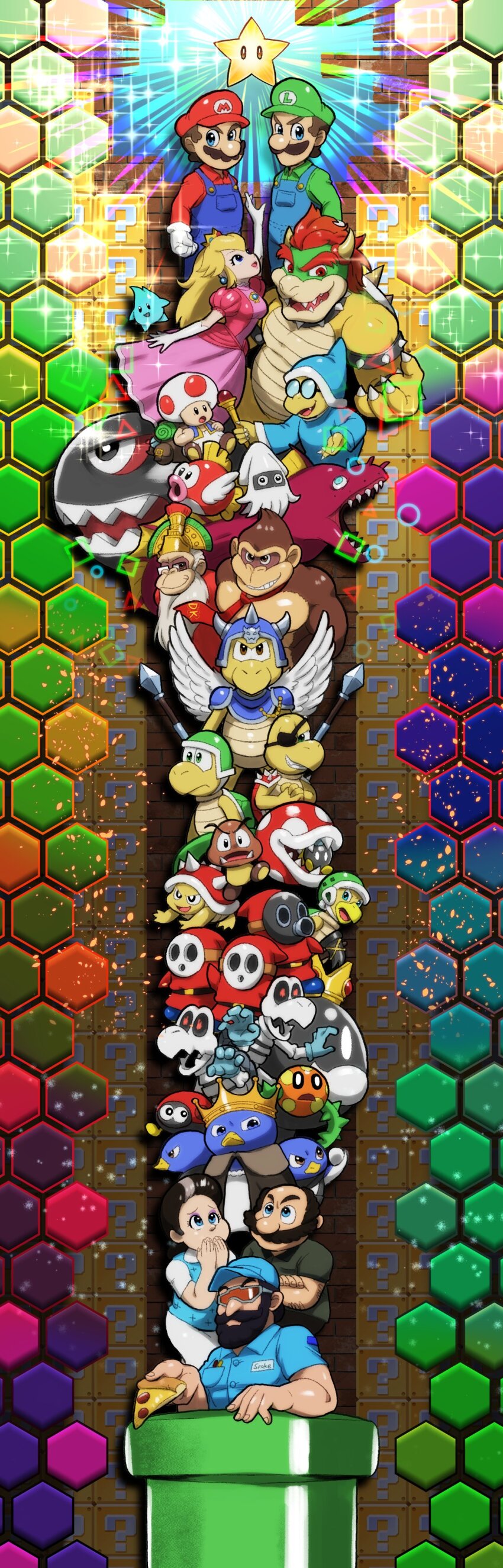2girls 6+boys ?_block absurdres armlet banzai_bill biddybud bird blonde_hair blooper_(mario) blue_eyes blue_overalls bob-omb bowser bracelet bramball brick cape cheep_cheep coin_block collar cranky_kong crown donkey_kong dress dry_bones earrings facial_hair food foreman_spike glasses gloves goomba green_headwear green_shirt hammer_bro hat highres holding holding_food holding_pizza holding_wand horns jewelry jojo_no_kimyou_na_bouken kamek king_bob-omb king_penguin_(mario) koopa_general koopa_troopa looking_at_viewer luigi lumalee mama_mario mario mario_(series) maw-ray multiple_boys multiple_girls mustache name_tag necktie nintendo open_mouth overalls p_on_kome papa_mario parody penguin penguin_(mario) pink_dress piranha_plant pizza pizza_slice princess_peach rainbow_gradient red_headwear red_shirt sharp_teeth shirt shy_guy smile snifit sphere_earrings spiked_armlet spiked_collar spikes spiny sunglasses super_star_(mario) teeth the_super_mario_bros._movie toad_(mario) vento_aureo wand warp_pipe white_gloves