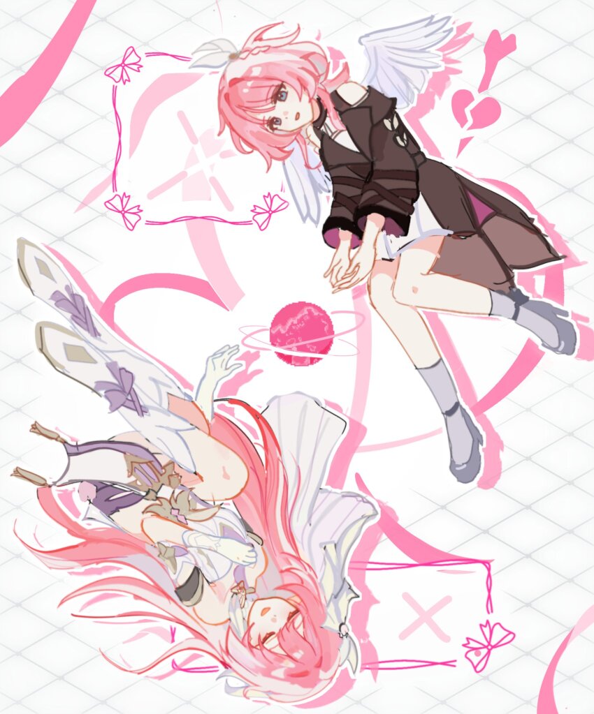 2girls angel_wings blue_eyes boots brown_coat closed_eyes coat commentary_request company_connection corset cyrene_(honkai:_star_rail) elysia_(herrscher_of_human:_ego)_(honkai_impact) elysia_(honkai_impact) gloves hair_ornament highres honkai:_star_rail honkai_(series) honkai_impact_3rd inoue_marina ko_(assd_009) korean_commentary long_hair multiple_girls pink_hair short_hair smile trait_connection veil very_long_hair voice_actor_connection white_boots white_corset white_gloves white_veil wings yanning