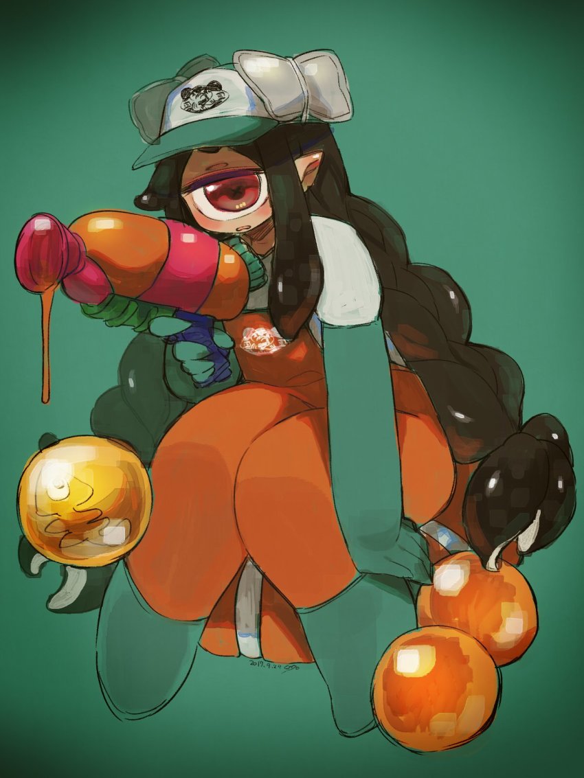 1girl blush boots braid cyclops dated elbow_gloves full_body gloves green_boots green_gloves hat highres holding jumpsuit long_hair looking_at_viewer muku-chan_(muroku) muroku_(aimichiyo0526) nintendo one-eyed open_mouth original paint_gun parted_lips pointy_ears red_eyes signature sitting solo splatoon_(series) twin_braids very_long_hair x_x