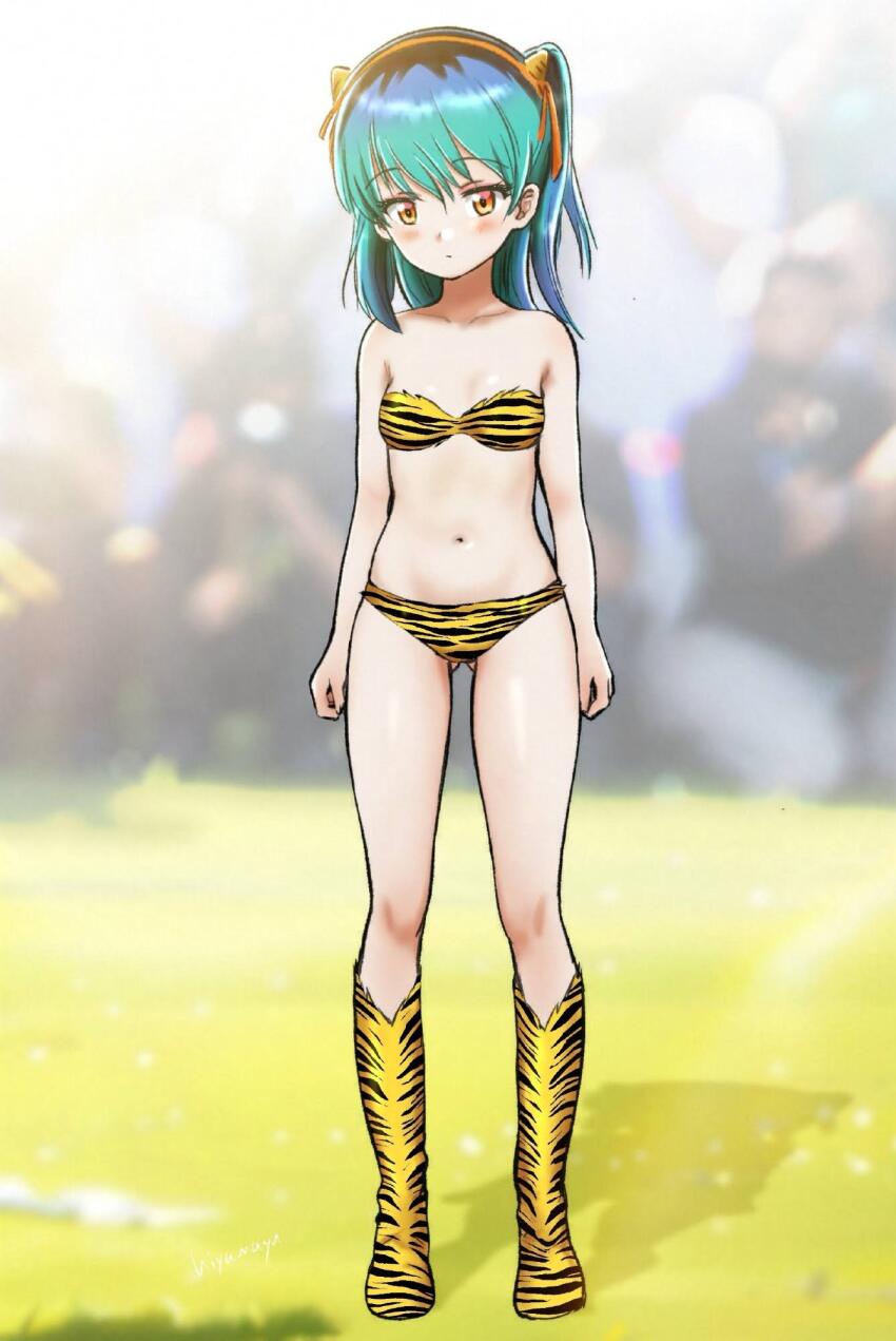1girl animal_print bikini blush breasts cosplay full_body girls_und_panzer highres hiyama_yuu_(wee259hiyama) lum_(cosplay) medium_hair navel print_bikini shimada_arisu small_breasts solo standing swimsuit tiger_print tiger_stripes urusei_yatsura