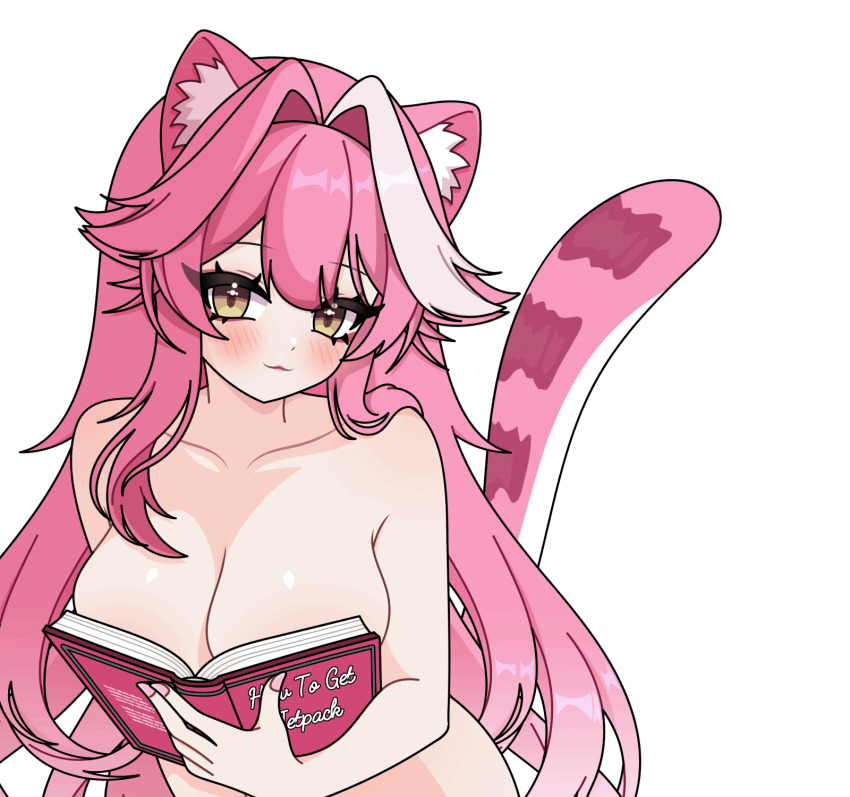 1girl animal_ears animated animated_gif blinking blush book breasts cleavage closed_mouth collarbone commentary completely_nude covering_breasts covering_privates ear_wiggle english_commentary english_text eyelashes eyeshadow fingernails hair_intakes hair_over_shoulder highres holding holding_book hololive hololive_english large_breasts long_hair looking_at_viewer looping_animation makeup minhart multicolored_hair nail_polish nude panther_ears panther_girl panther_tail pink_eyeshadow pink_hair pink_lips pink_nails pink_tail raora_panthera simple_background smile solo streaked_hair tail tail_wagging two-tone_hair virtual_youtuber white_background winking_(animated) yellow_eyes