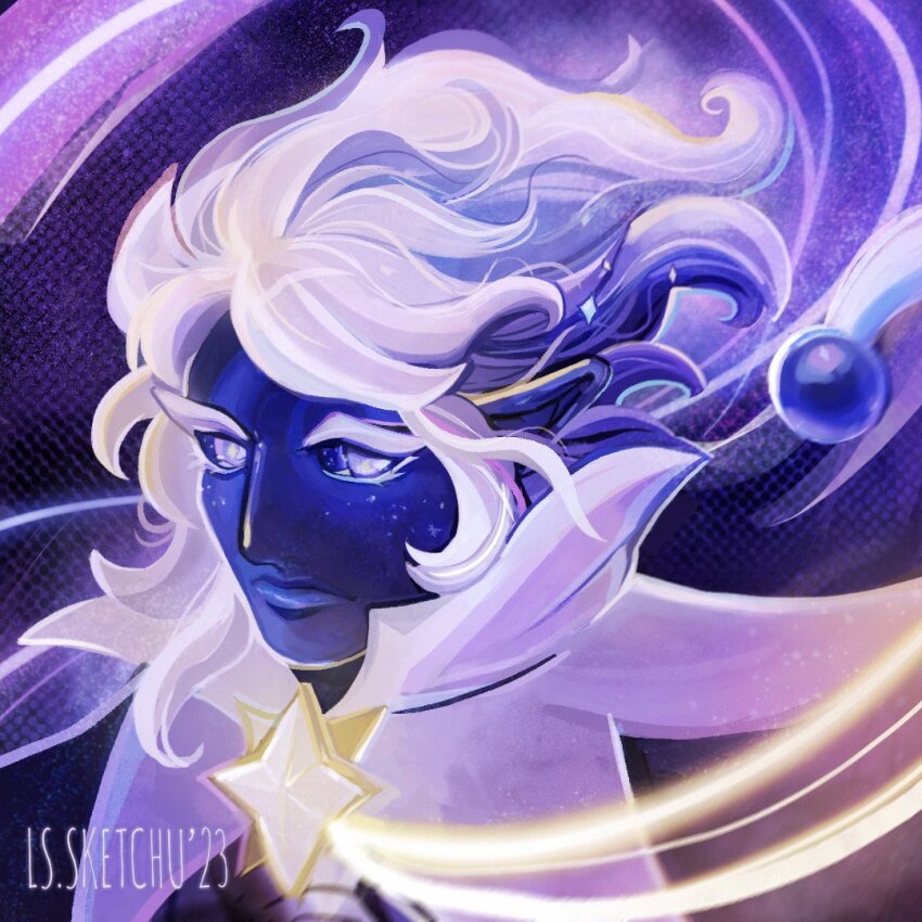 1boy artist_name blue_eyes blue_fire blue_hair blue_skin capelet colored_skin cookie_run cookie_run:_kingdom fire humanization looking_at_viewer ls_sketchu multicolored_hair personification short_hair solo space star_(symbol) stardust_cookie two-tone_hair upper_body white_capelet white_hair