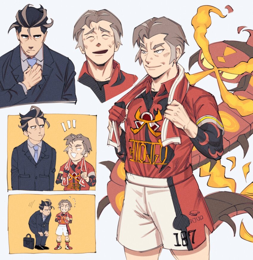 2boys bag black_bag black_hair black_suit blue_background blue_necktie blue_shirt bug business_suit centipede centiskorch fire formal_clothes gen_8_pokemon grey_eyebrows grey_hair gym_leader_jersey highres jersey kabu_(pokemon) larry_(pokemon) male_focus multiple_boys necktie nintendo old old_man open_mouth pesuland pokemon pokemon_(creature) pokemon_sv pokemon_swsh salaryman shirt short_hair shorts smile soccer_uniform sportswear squatting suit thick_eyebrows towel towel_around_neck yellow_background