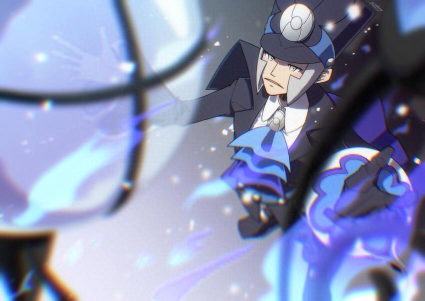 1boy ascot black_hat blue_ascot boots chandelier chandelure clothes coat fire frills fukurow gen_5_pokemon gloves gradient_background grey_eyes grey_hair hat holding ingo_(pokemon) ingo_(sygna_suit)_(pokemon) jacket knees male_focus nintendo official_alternate_costume pokemon pokemon_masters_ex sideburns unworn