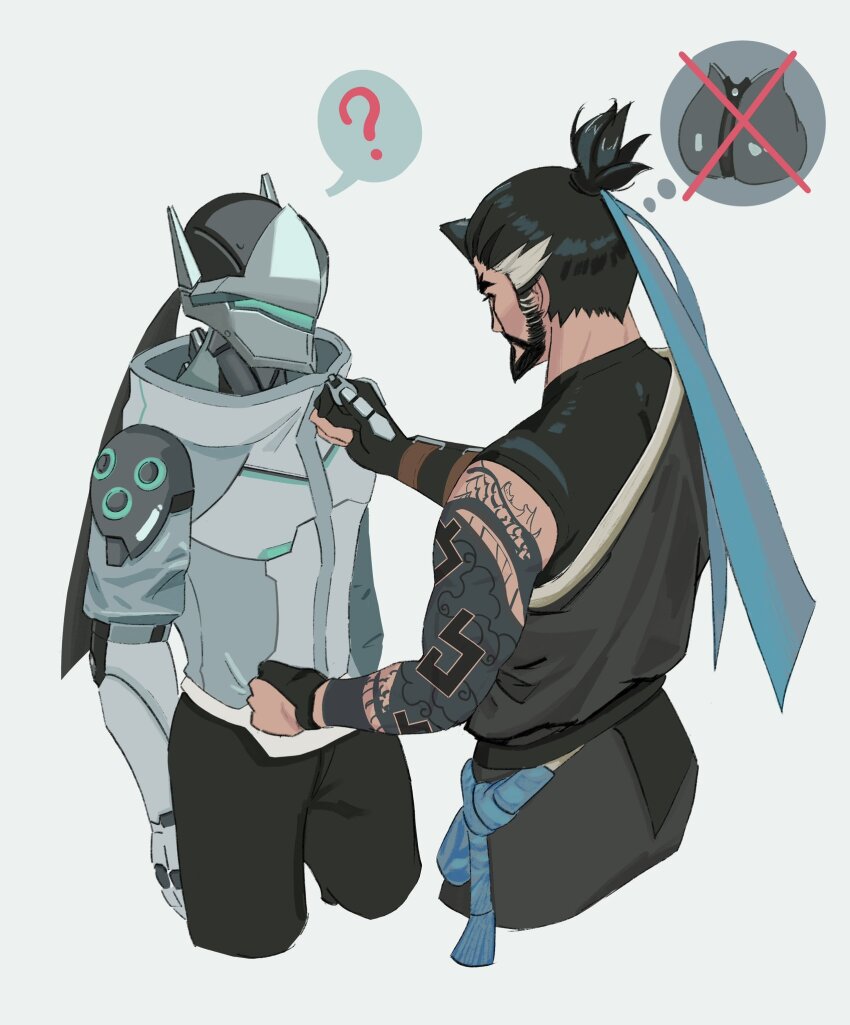 2boys ? arm_tattoo arms_up ass beard black_gloves black_hair black_pants black_shirt blue_rope brothers collared_sweater commentary commentary_request compression_shirt cropped_legs cyborg facial_hair genji_(overwatch) gloves hanzo_(overwatch) highres image_in_thought_bubble k1ko_x male_focus mixed-language_commentary multicolored_hair multiple_boys overwatch overwatch_2 pants partially_fingerless_gloves popped_collar rope rope_belt shirt siblings simple_background speech_bubble spoken_question_mark streaked_hair sweater tattoo thought_bubble topknot white_background x zipper zipping