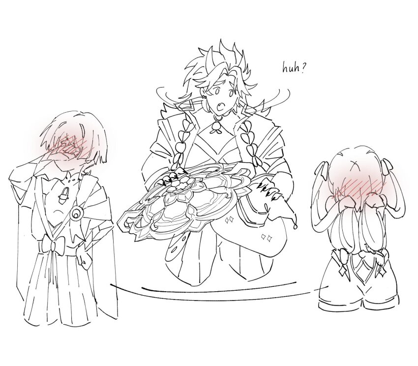 1girl 2boys alternate_costume arataki_itto armor blunt_ends blush bodysuit bow bridal_gauntlets cape coat embarrassed english_text fang fingernails furisode genshin_impact hair_intakes hair_over_eyes han&#039;eri hand_over_face hat head_down hetero highres holding holding_unworn_clothes holding_unworn_hat horns japanese_armor japanese_clothes jingasa kimono kote layered_clothes layered_kimono leotard long_hair looking_at_another mandarin_collar mona_(genshin_impact) mona_(pact_of_stars_and_moon)_(genshin_impact) monochrome multiple_boys o_o official_alternate_costume open_clothes open_coat open_kimono open_mouth ponytail_holder rope scaramouche_(genshin_impact) sharp_fingernails shimenawa short_sleeves shorts spiked_hair twintails unworn_hat unworn_headwear vision_(genshin_impact) wanderer_(genshin_impact) white_background witch_hat ysnden