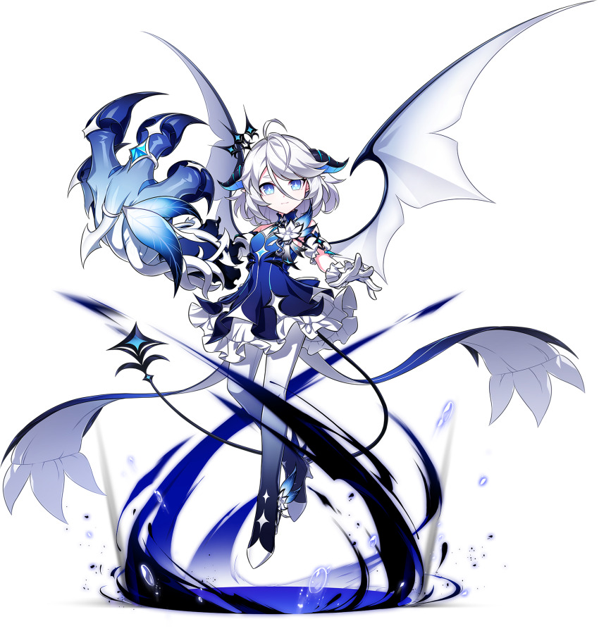 ahoge artist_request bare_shoulders black_horns blue_dress blue_eyes blue_pantyhose bright_pupils brooch bubble closed_mouth coattails demon_girl demon_horns demon_wings dress elsword expressionless floating floating_clothes flower flower_brooch frilled_dress frilled_gloves frills gloves gradient_pantyhose high_heels highres horns huge_claws looking_at_viewer loose_hair_strand luciela_r._sourcream magic official_art pantyhose second-party_source shoes short_dress single_glove sleeveless sleeveless_dress stiletto_heels tachi-e transparent_background white_flower white_gloves white_pantyhose white_pupils white_shoes white_wings wings