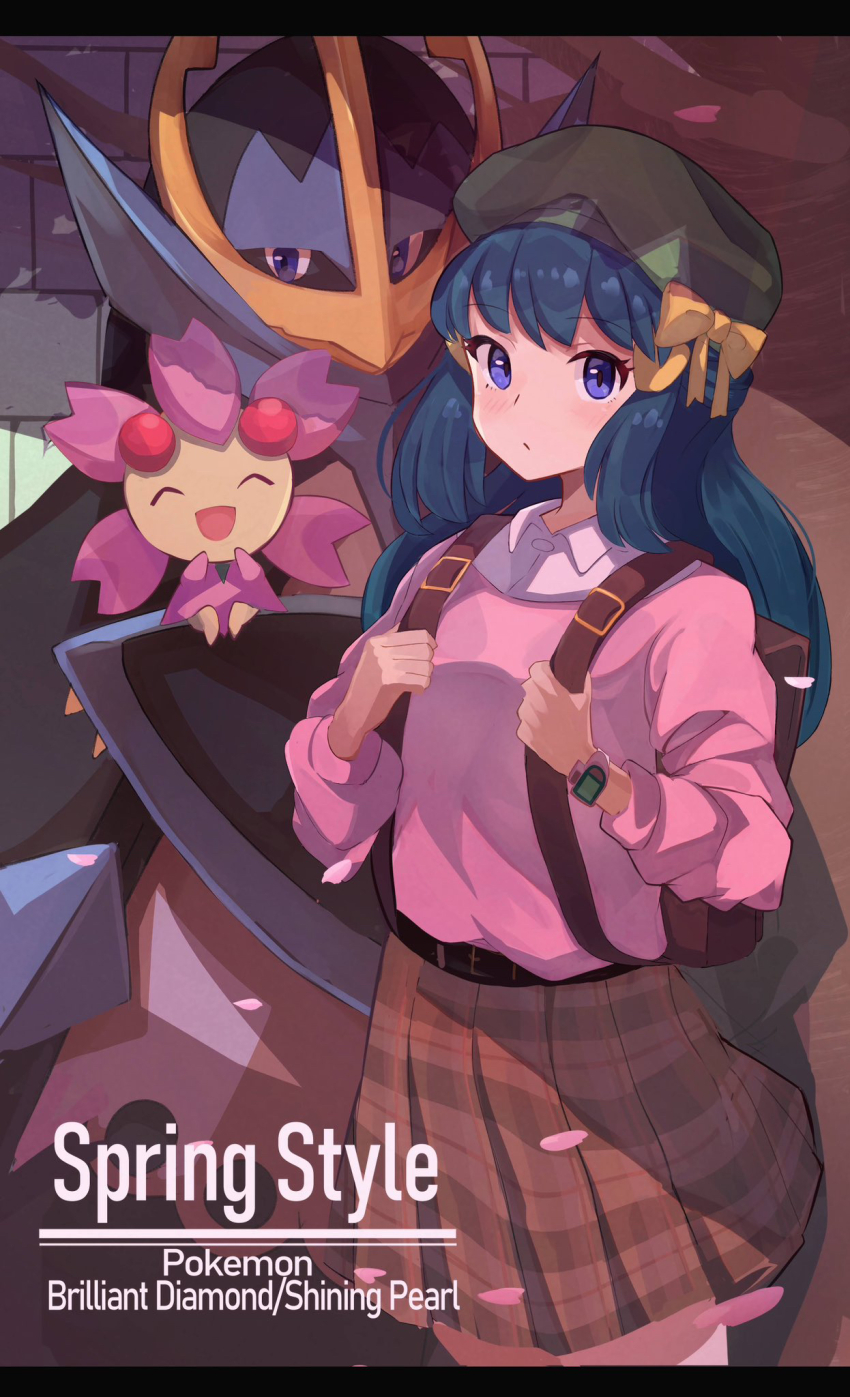 1girl backpack bag beret blue_eyes blush bow brown_bag brown_skirt cherrim cherrim_(sunshine) closed_mouth collared_shirt copyright_name dawn_(pokemon) empoleon eyelashes falling_petals gen_4_pokemon hair_ornament hairclip hat highres holding_strap nintendo petals pink_sweater pleated_skirt pokemon pokemon_(creature) pokemon_bdsp poketch shirt skirt sweater umiru watch white_shirt wristwatch yellow_bow