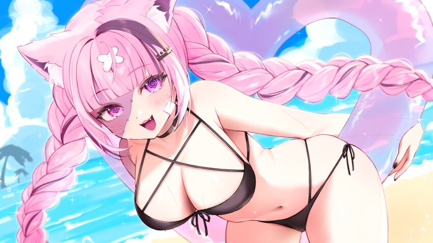 1girl :3 @_@ animal_ears bandaid bandaid_hair_ornament bandaid_on_cheek bandaid_on_face bare_arms beach bent_over bikini black_bikini black_nails blue_sky blunt_bangs braid breasts cat_ears cat_girl cloud commission cowboy_shot day dutch_angle fang glint hair_ornament hairpin halterneck hanging_breasts happy heart-shaped_innertube heterochromia highres holding holding_swim_ring indie_virtual_youtuber innertube large_breasts light_blush long_hair looking_at_viewer multicolored_hair nail_polish naname580 navel open_mouth outdoors pawshies_(vtuber) pink_eyes pink_hair purple_eyes purple_hair second-party_source shore sky solo sparkle standing stitched_face stitches streaked_hair summer swim_ring swimsuit teeth twin_braids two-handed upper_teeth_only very_long_hair x_hair_ornament