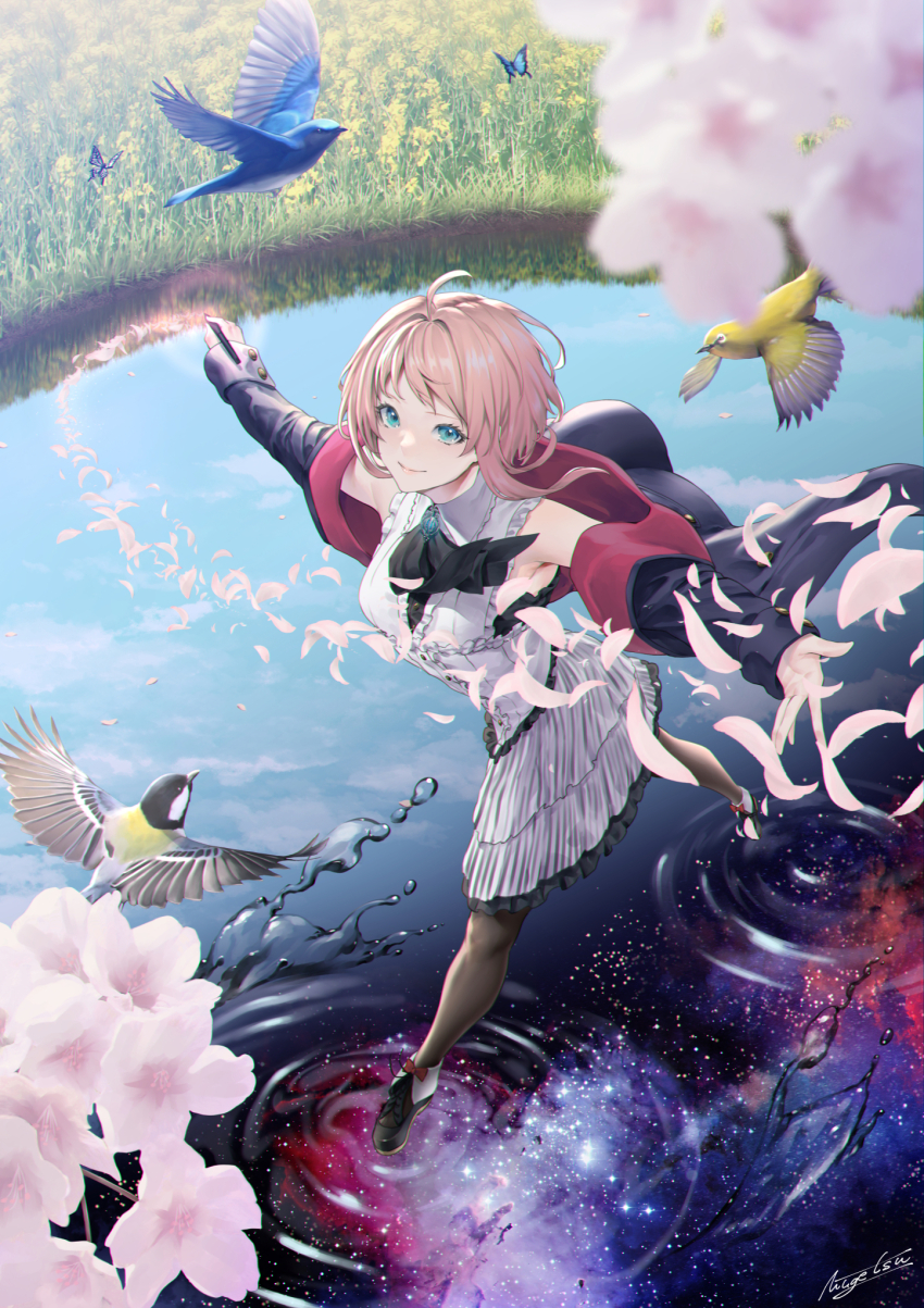 1girl ahoge aqua_eyes armpits bird blurry blush breasts bug butterfly cherry_blossoms chest_jewel dress falling_petals full_body grass highres insect jacket large_breasts lips looking_at_viewer mugetsu2501 original pantyhose petals pink_hair scenery shirt shoes skirt smile stylus wading water white_shirt