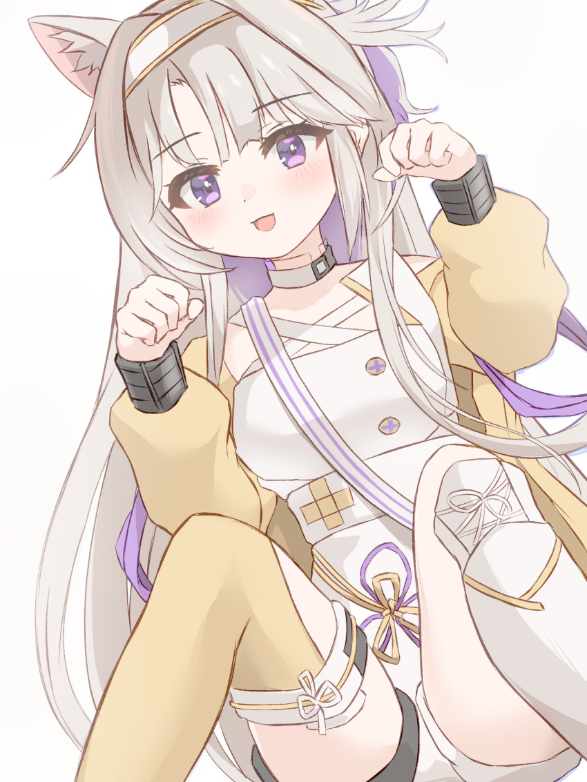 1girl :d animal_ears arknights asymmetrical_legwear blush cat_ears cat_girl clenched_hands feet_up grey_hair hairband hands_up highres jacket kazemaru_(arknights) kneehighs long_hair looking_at_viewer mismatched_legwear off_shoulder open_clothes open_jacket open_mouth paw_pose purple_eyes shorts single_sock single_thighhigh sitting smile socks solo thighhighs tififox very_long_hair white_hairband white_shorts white_socks yellow_jacket yellow_thighhighs