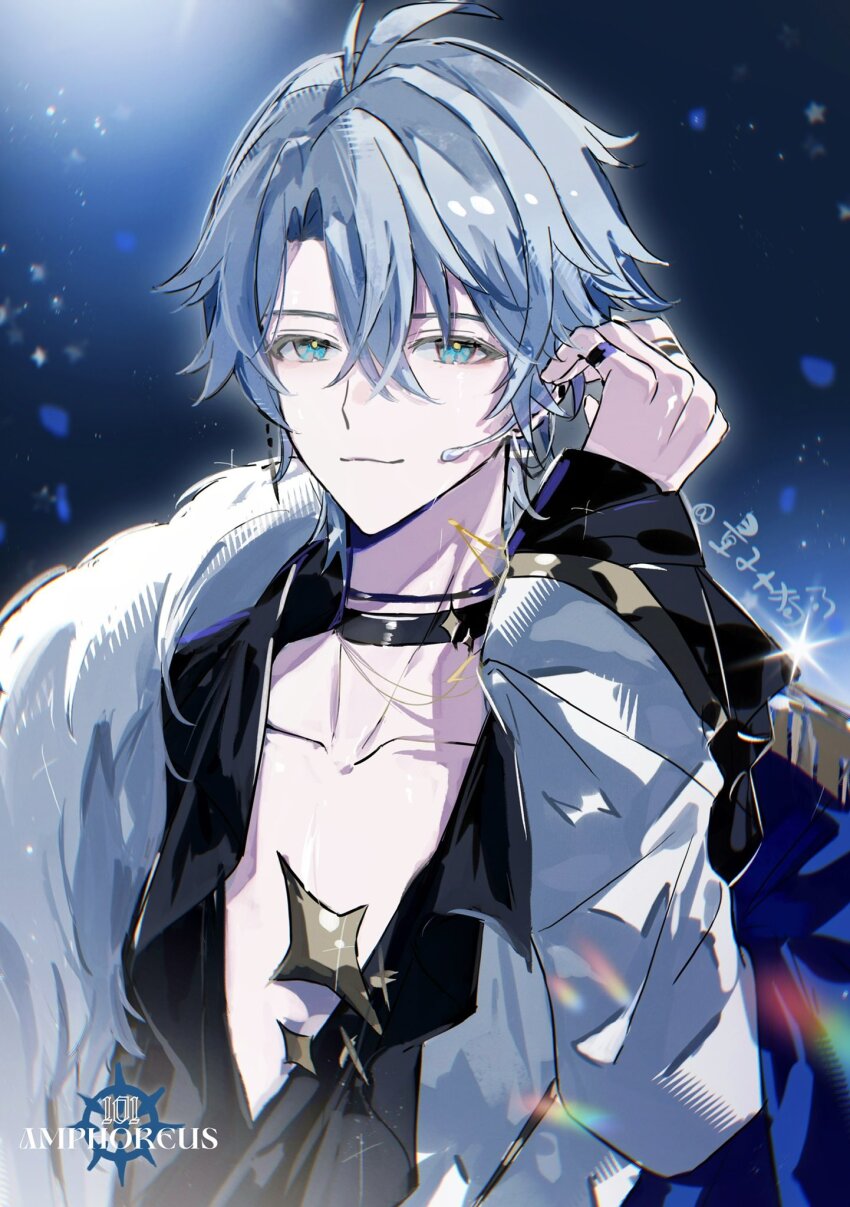 1boy alternate_costume antenna_hair black_choker black_shirt blue_eyes blue_jacket choker collarbone commentary d-aprken fur_trim highres honkai:_star_rail honkai_(series) idol jacket jacket_on_shoulders jewelry looking_at_viewer male_focus multiple_rings phainon_(honkai:_star_rail) ring shirt short_hair sun_symbol sun_tattoo tan two-tone_shirt upper_body white_hair white_shirt