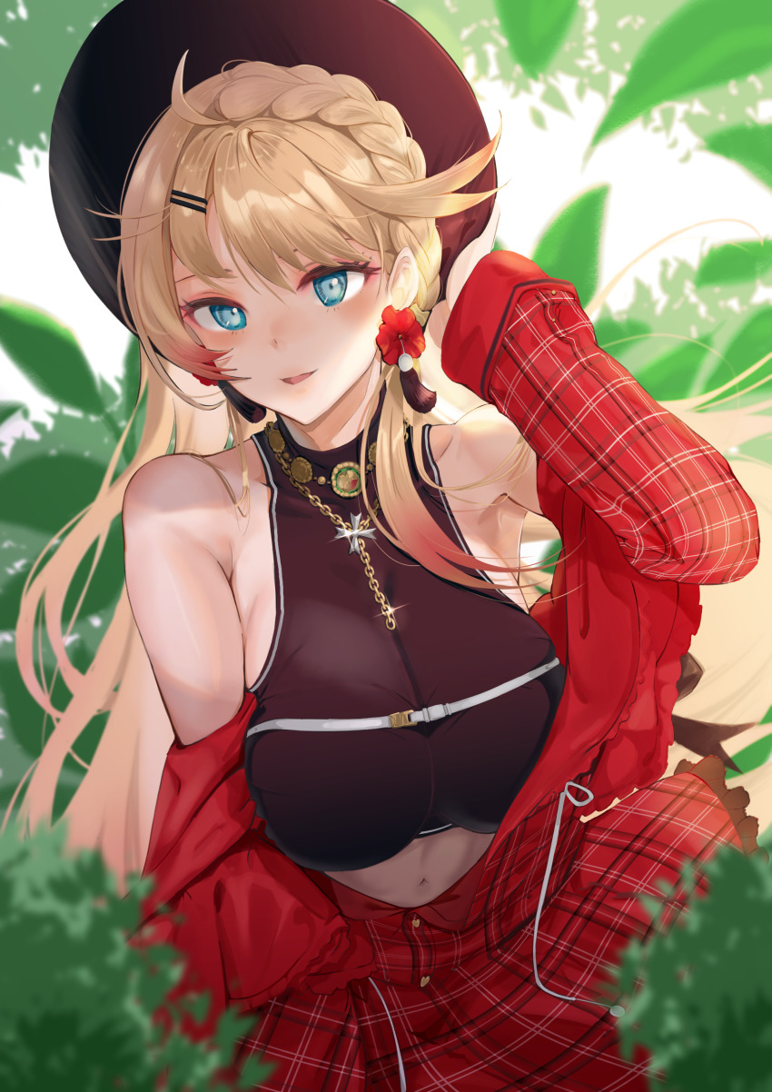1girl absurdres armpits azur_lane bare_shoulders black_hat blonde_hair blue_eyes braid breasts colored_tips crop_top dress hair_behind_ear hair_ornament hairclip hat highres howe_(azur_lane) howe_(noble_rouge)_(azur_lane) large_breasts leaf looking_at_viewer multicolored_hair navel plaid_clothes plaid_dress red_skirt sankyo_(821-scoville) skirt
