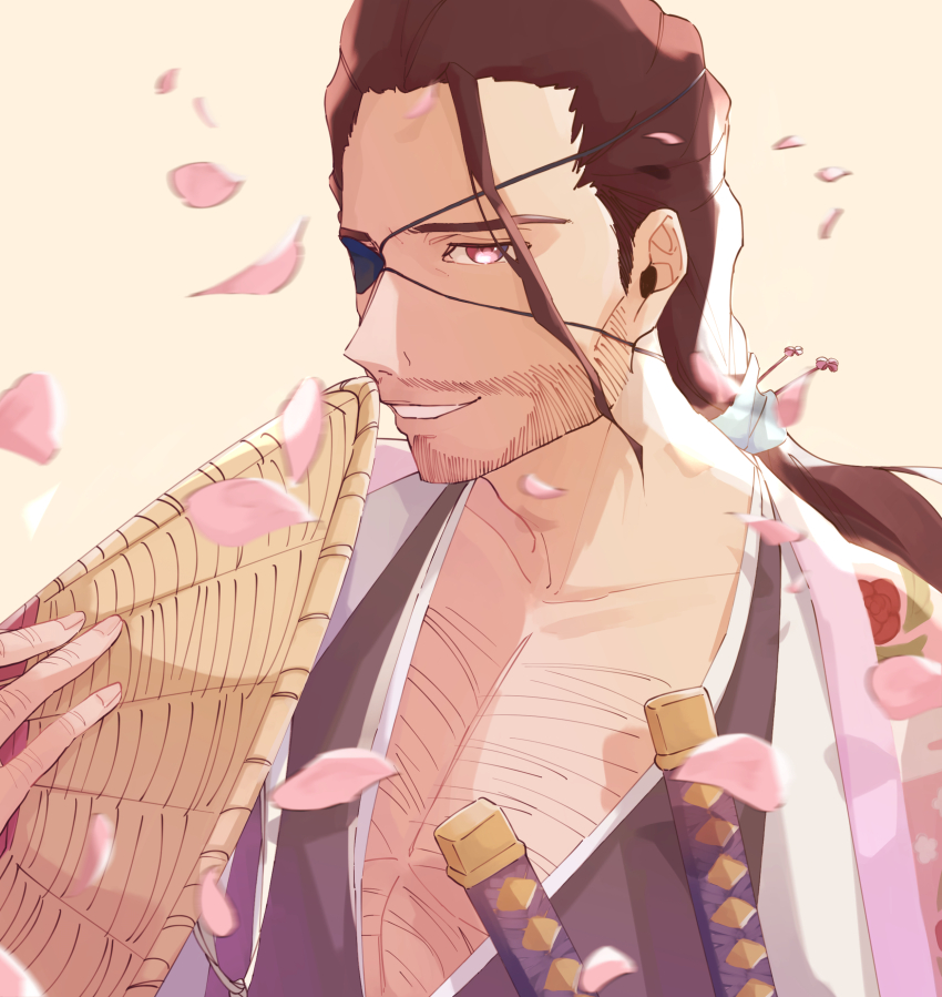 1boy absurdres backlighting black_kimono bleach bleach:_sennen_kessen-hen brown_eyes brown_hair chest_hair collarbone commentary eyepatch facial_hair falling_petals floral_print floral_print_kimono hair_between_eyes hair_ornament hair_stick hannahyu haori hat highres holding holding_unworn_clothes holding_unworn_hat japanese_clothes kanzashi kimono kimono_on_shoulders kyouraku_shunsui long_hair looking_at_viewer low_ponytail male_focus mature_male one_eye_covered parted_lips petals pink_kimono ponytail print_kimono simple_background smile solo straw_hat stubble taichou_haori unworn_hat unworn_headwear upper_body yellow_background