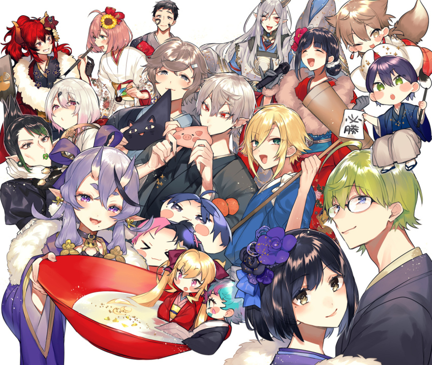 &gt;_&lt; 6+boys 6+girls :d :o ^_^ alternate_costume aqua_hair aqua_lips arm_up biting black_choker black_flower black_hair black_kimono blonde_hair blue_bow blue_eyes blue_kimono blue_sash blue_shirt blush blush_stickers bow brown_eyes brown_hair calligraphy_brush choker closed_eyes closed_mouth colored_tips commentary_request cropped_torso crossed_bangs cup disembodied_head dola_(nijisanji) dot_nose earrings facial_mark feather_boa floral_print floral_print_kimono flower folded_ponytail food food_on_head fox_tail fruit fruit_on_head fur-trimmed_gloves fur_trim fushimi_gaku glasses gloves green_eyes green_hair green_lips grey_gloves grey_hair grey_horns grey_kimono grey_pants grin hair_bow hair_bun hair_flower hair_ornament hairclip hakama hakama_pants hanabatake_chaika hanabatake_chaika_(1st_costume) hand_on_own_chin hands_up happi harusaki_air holding holding_calligraphy_brush holding_cup holding_mallet holding_microphone holding_paintbrush holding_paper honma_himawari horns in_container in_cup ink_on_face japanese_clothes jewelry joe_rikiichi kanae_(nijisanji) kenmochi_touya kimono kine kotobuki_(medetai) kuzuha_(nijisanji) layered_shirt light_particles lipstick long_hair looking_at_another looking_at_viewer makeup mallet microphone mini_person minigirl mole mole_under_eye mole_under_mouth multicolored_hair multiple_boys multiple_girls naruse_naru nijisanji o-ring obi obijime object_on_head one_eye_closed open_mouth orange_(fruit) orange_horns paintbrush pants paper pink_flower pink_hair pink_kimono pointy_ears ponytail print_kimono puckered_lips purple_bow purple_eyes purple_flower purple_hair purple_kimono red_bow red_eyes red_hair red_kimono rindou_mikoto rindou_mikoto_(1st_costume) sakazuki sandals sash shibuya_hajime shiina_yuika shirt shizuka_rin short_eyebrows short_hair sidelocks single_earring skin-covered_horns smile socks streaked_hair sunflower sunflower_hair_ornament suzuka_utako tail takamiya_rion tasuki translation_request twintails two-tone_hair umiyasha_no_kami uzuki_kou virtual_youtuber white_background white_gloves white_hair white_kimono white_shirt white_socks yashiro_kizuku yellow_sash