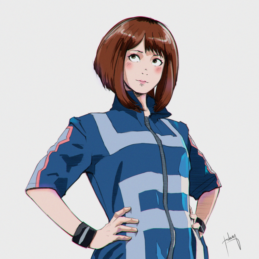 10s 1girl absurdres aged_up blush boku_no_hero_academia brown_eyes brown_hair female_focus hands_on_own_hips highres jacket sergey_orlov short_hair sidelocks signature solo uraraka_ochako wristband