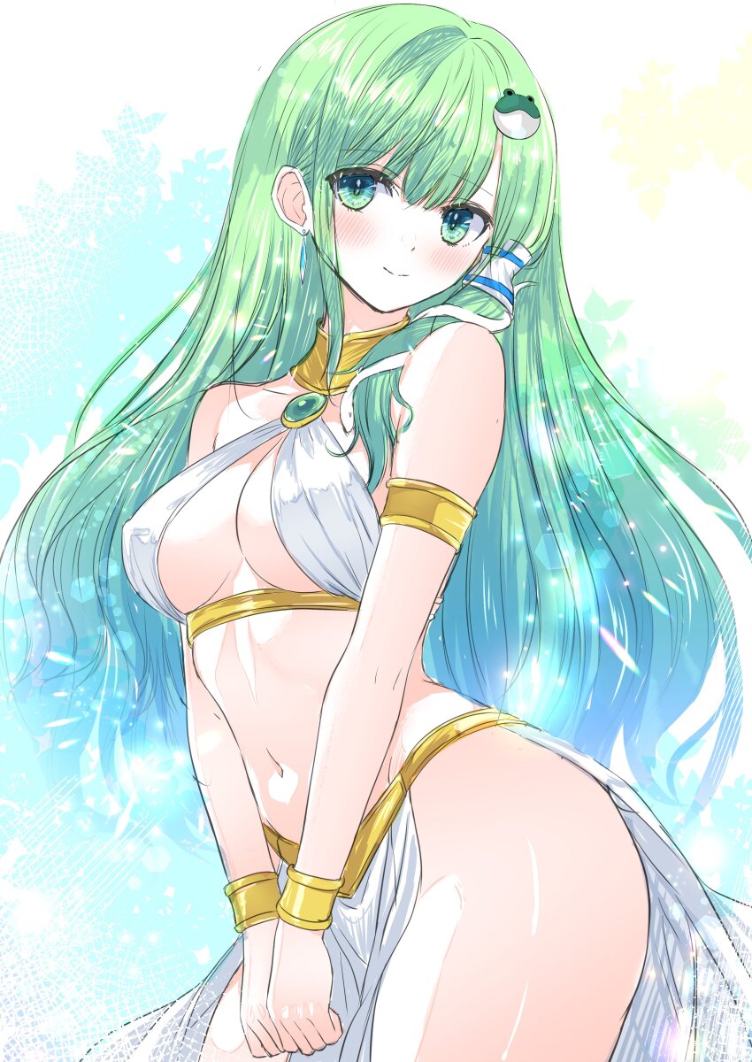 1girl absurdres alternate_costume breasts cleavage commentary_request cowboy_shot dancer frog_hair_ornament green_eyes green_hair hair_ornament highres kochiya_sanae long_hair medium_breasts navel simple_background solo tomo_(uguisu-tei) touhou white_background