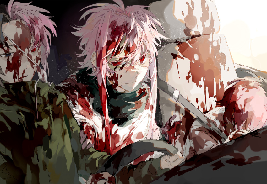 3boys absurdres black_eyes black_hair blood blood_in_hair blood_on_clothes blood_on_face brown_gloves car_interior chinese_commentary closed_mouth commentary_request curtained_hair driving gloves green_jacket hair_intakes hand_on_another&#039;s_arm heterochromia highres jacket lei_renqun_xing_shanyao_shi long_sleeves male_focus multicolored_hair multiple_boys mutsushika_misumi nanami_izu nijou_ryuu nosebleed parted_bangs parted_lips patchwork_skin pink_hair red_eyes saibou_shinkyoku shirt short_hair short_hair_with_long_locks smile split-color_hair steering_wheel two-tone_hair uneven_eyes unworn_eyewear white_shirt
