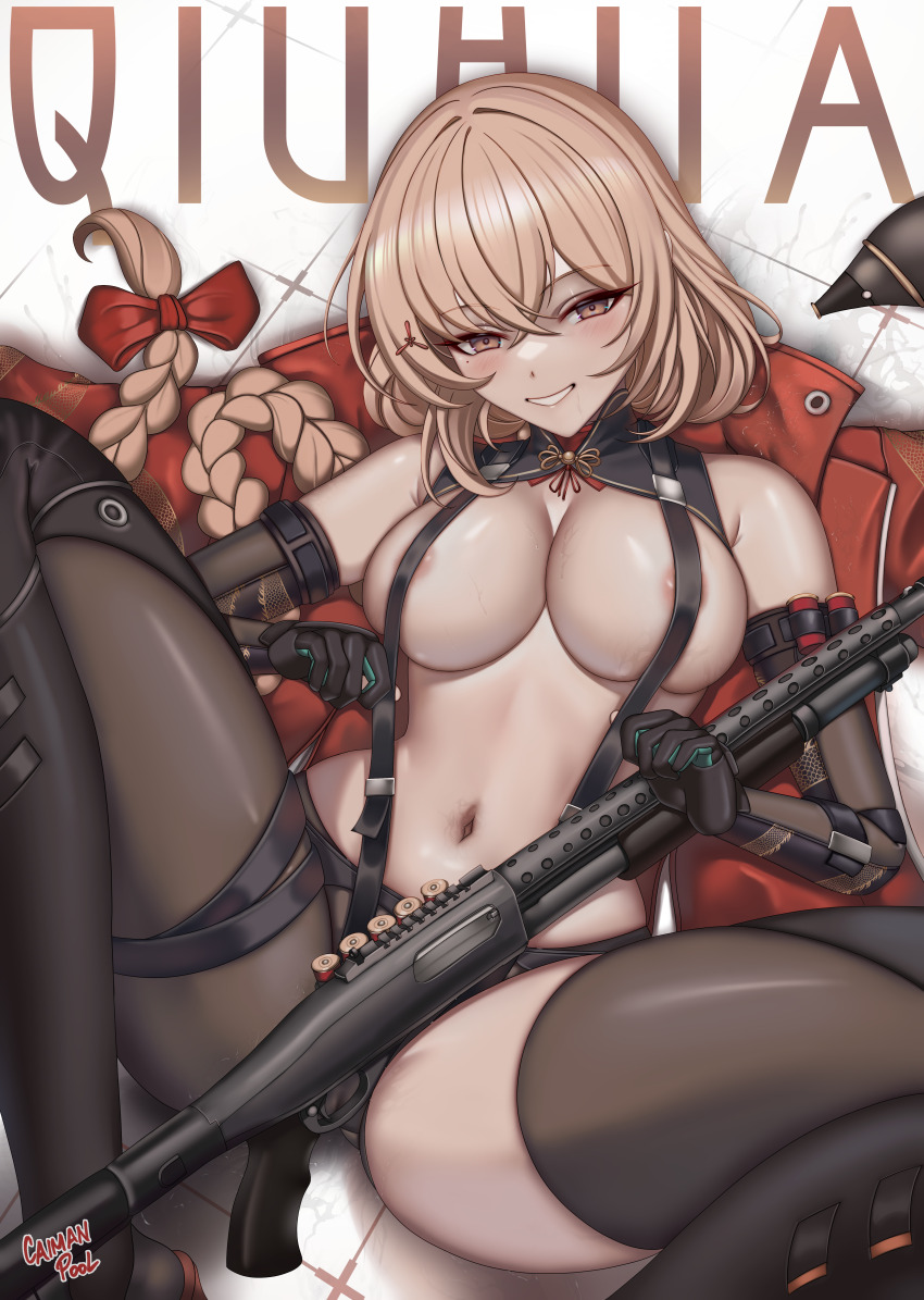 1girl absurdres ammunition areola_slip armpit_crease artist_name bandeau bare_shoulders black_collar black_gloves black_pantyhose black_thighhighs blonde_hair blush bow braid breasts brown_eyes brown_hair caiman_pool character_name cleavage collar covered_erect_nipples detached_collar dot_nose elbow_gloves eyeliner feet_out_of_frame girls&#039;_frontline girls&#039;_frontline_2:_exilium gloves gold_trim gun hair_between_eyes hair_bow hair_intakes hair_ornament hairclip highres holding jacket large_breasts long_hair looking_at_viewer lying makeup mandarin_collar navel no_bra on_back open_mouth pantyhose partially_fingerless_gloves pointy_chin ponytail pump_action qiuhua_(girls&#039;_frontline_2) red_bow red_eyeliner red_jacket shiny_skin shotgun shotgun_shell signature single_leg_pantyhose single_thighhigh smile solo spread_legs stomach suspenders teeth thighhighs thighs tile_floor tiles type_97_shotgun type_97_shotgun_(girls&#039;_frontline) unworn_jacket weapon