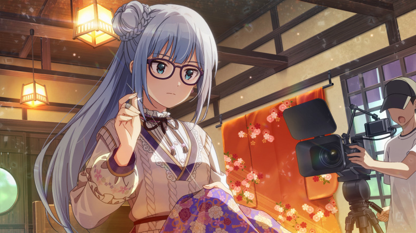 blue_eyes braid camera ceiling faceless floral_print game_cg glasses hair_bun hat idolmaster idolmaster_million_live! idolmaster_million_live!_theater_days indoors neck_ribbon needle official_art open_mouth ribbon sewing sewing_needle shiraishi_tsumugi sweater_vest tripod white_hair window