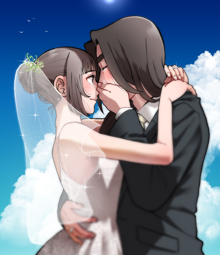 1boy 1girl black_suit blue_sky blurry blush bridal_veil brown_hair closed_eyes cloud commentary_request covering_own_mouth crying dress fang_(my_time_at_sandrock) formal_clothes hair_bun hetero highres long_hair lucy_(my_time_at_sandrock) mugicha_(zoro1132) my_time_at_portia my_time_at_sandrock necktie sidelocks simple_bird single_hair_bun sky streaming_tears suit sun tears thick_eyebrows tuxedo veil wedding_dress white_dress white_necktie