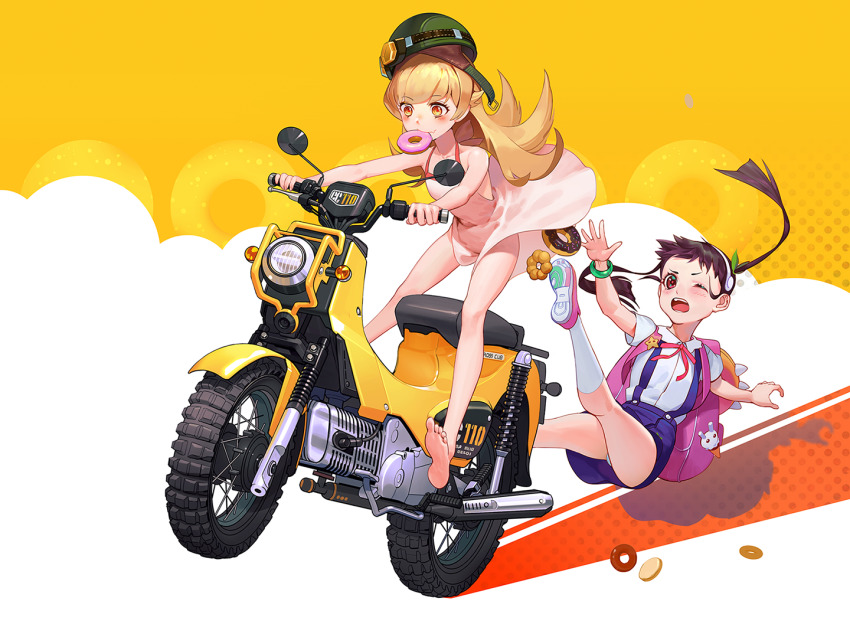2girls backpack bag bakemonogatari bare_arms bare_legs bare_shoulders barefoot blonde_hair blush bracelet brown_hair donut dress falling fang food food_in_mouth full_body hachikuji_mayoi helmet jewelry kyma_curry long_hair monogatari_(series) motor_vehicle mouth_hold multiple_girls neck_ribbon noped one_eye_closed oshino_shinobu panties panty_peek red_neckwear ribbon scooter shoes skirt sleeveless sleeveless_dress sneakers socks sundress suspender_skirt suspenders twintails underwear white_dress white_legwear yellow_eyes