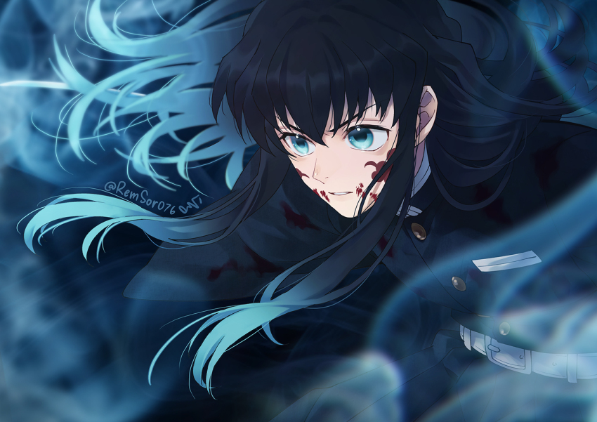 1boy aqua_eyes aqua_hair belt belt_buckle black_hair buckle buttons demon_slayer_uniform facial_mark fog kimetsu_no_yaiba long_hair male_focus multicolored_hair remsor076 simple_background solo tokitou_muichirou twitter_username white_belt