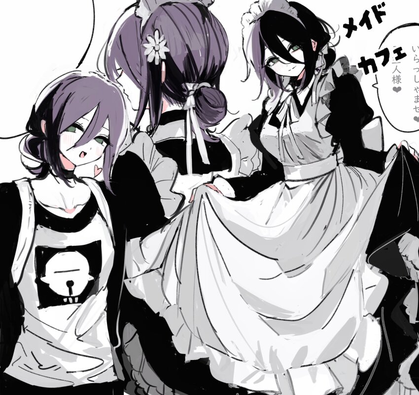 1girl alternate_costume apron blush breasts chainsaw_man choker green_eyes hair_between_eyes hair_bun heart highres maid maid_apron mizu1202001 multiple_girls naughty_face purple_hair reze_(chainsaw_man) shirt simple_background single_hair_bun small_breasts speech_bubble