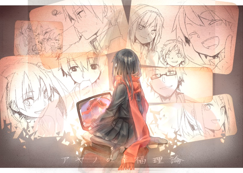 1girl aged_down ayano_no_koufuku_riron_(vocaloid) black_hair bread closed_eyes dekatanaba eating enomoto_takane enpera facial_hair female_focus food hair_ornament hairclip hood hoodie kagerou_project kano_shuuya kido_tsubomi kisaragi_shintarou kokonose_haruka long_hair long_scarf mature_female mole mole_under_eye portrait red_scarf scarf school_uniform serafuku seto_kousuke short_hair smile solo stubble tateyama_ayaka tateyama_ayano tateyama_kenjirou twintails vocaloid