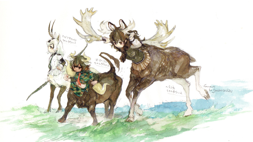 3girls animal_ears antlers arabian_oryx_(kemono_friends) artist_name aurochs_(kemono_friends) bad_id bad_twitter_id brown_eyes brown_hair camouflage camouflage_shirt camouflage_skirt centauroid character_name gazelle_ears gazelle_tail green_hair highres horn_lance horns kemono_friends midriff miniskirt monsterification moose_(kemono_friends) moose_ears moose_tail multicolored_hair multiple_girls pleated_skirt red_neckwear shimizuizu shirt side_slit skirt tail taur white_hair