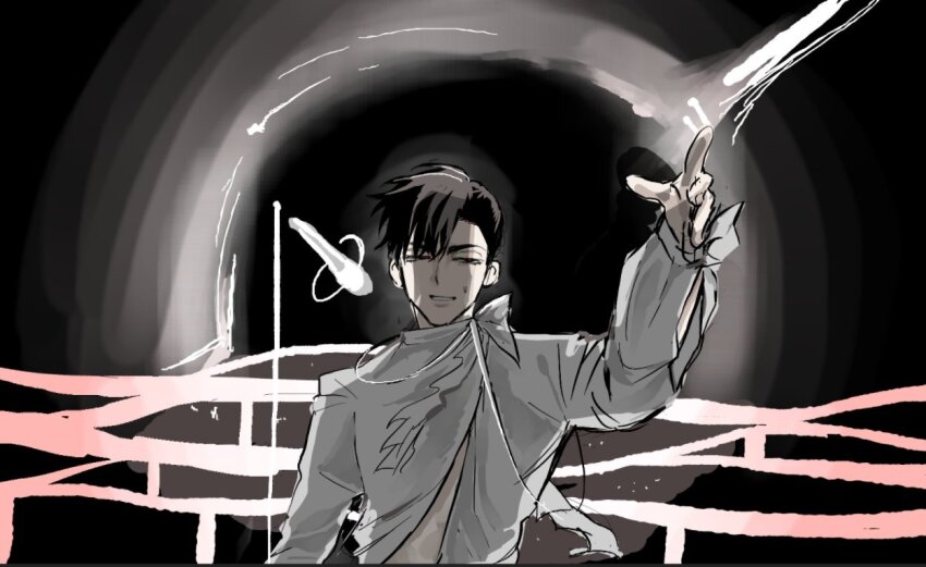 1boy alien_stage arm_up black_eyes black_hair commentary_request ev_till ivan_(alien_stage) korean_commentary long_sleeves male_focus microphone microphone_stand red_pupils shirt short_hair solo very_short_hair white_shirt