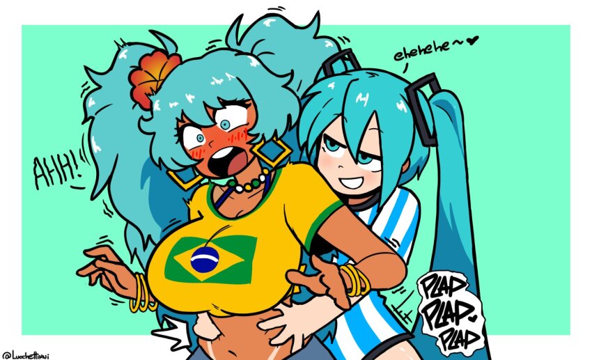 2girls argentina argentinian_flag argentinian_flag_print argentinian_miku blue_eyes blue_hair blush brazil brazilian_flag brazilian_miku breasts curvy earrings english_text flag_print flower flower_on_head gold_earrings hair_flower hair_ornament hands_on_another&#039;s_waist hatsune_miku holding_another&#039;s_waist jewelry large_breasts long_hair lucchettinni multiple_girls open_mouth plap revision screaming simple_background smile tan tanline twintails twitter_username very_long_hair vocaloid worldwide_miku yuri