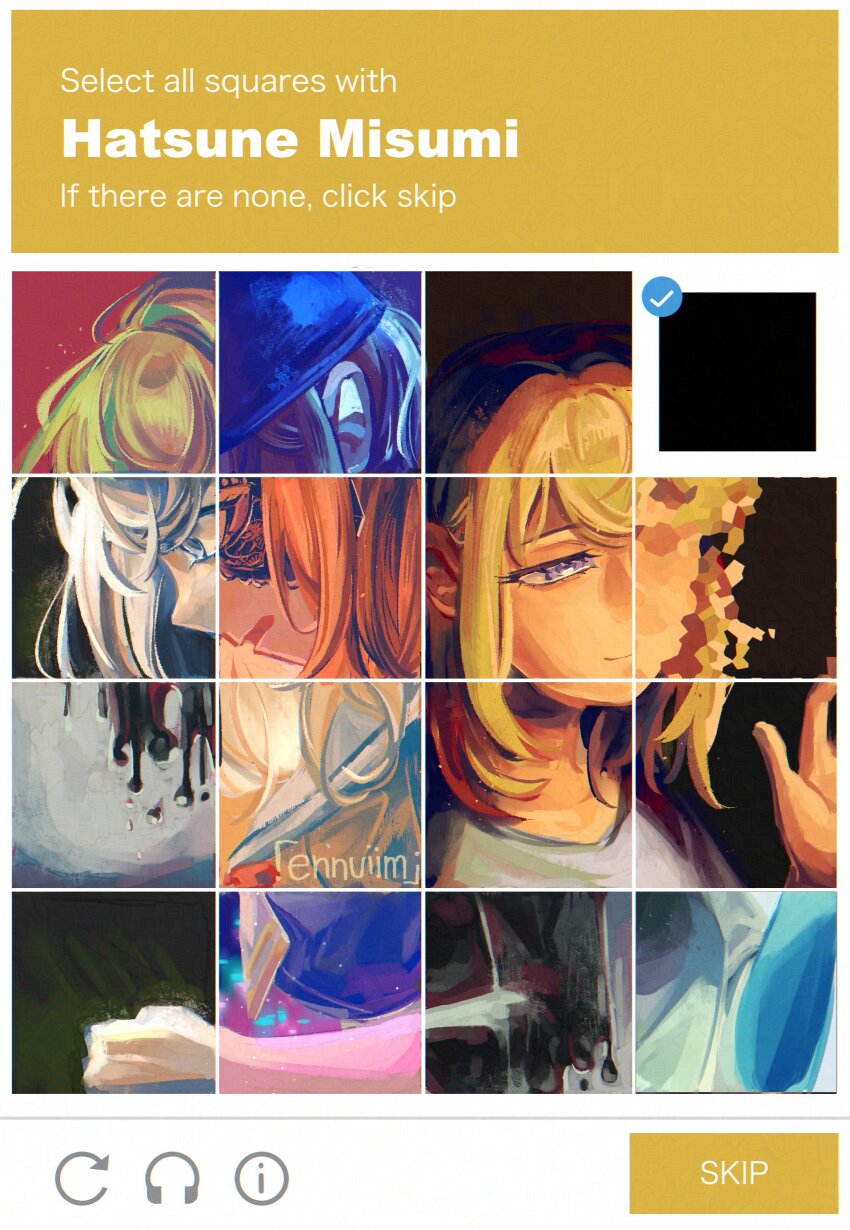 1girl absurdres artist_name bang_dream! bang_dream!_it&#039;s_mygo!!!!! black_hat blonde_hair brown_dress captcha closed_mouth commentary doloris_(bang_dream!) domino_mask dress dual_persona english_commentary english_text hanasakigawa_school_uniform hand_up hat highres inverted_colors mask misumi_uika open_mouth phos_(ennuuiim) purple_eyes sailor_dress school_uniform shirt slime_(substance) smile spoilers white_shirt